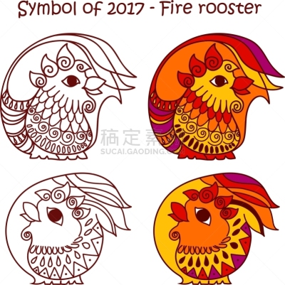 红色,火,公鸡,2017年,符号,分离着色,轮廓,设计,手写