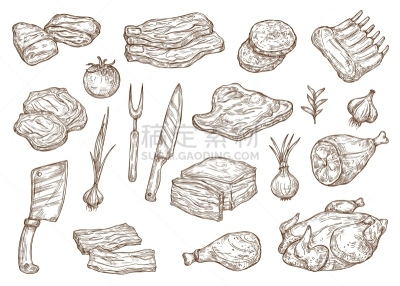 草图,肉,肉店,烟熏食品,菜单,土耳其,背景分离,香料,动物,农场