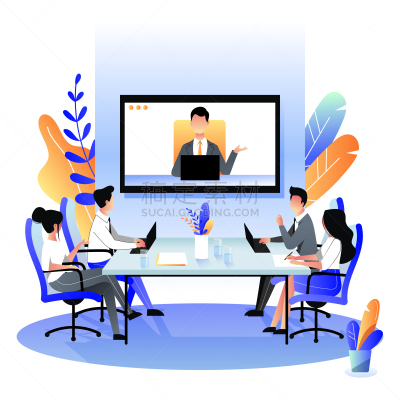 经理,绘画插图,卡通,平坦的,会议,矢量,人群,电话会议,电子邮件