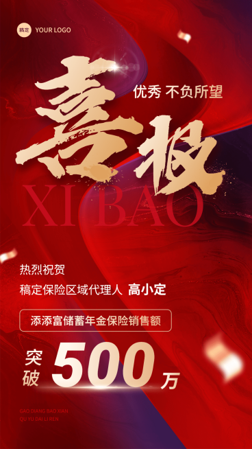 金融保险销售业绩表彰喜报贺报大字喜庆风手机海报预览效果