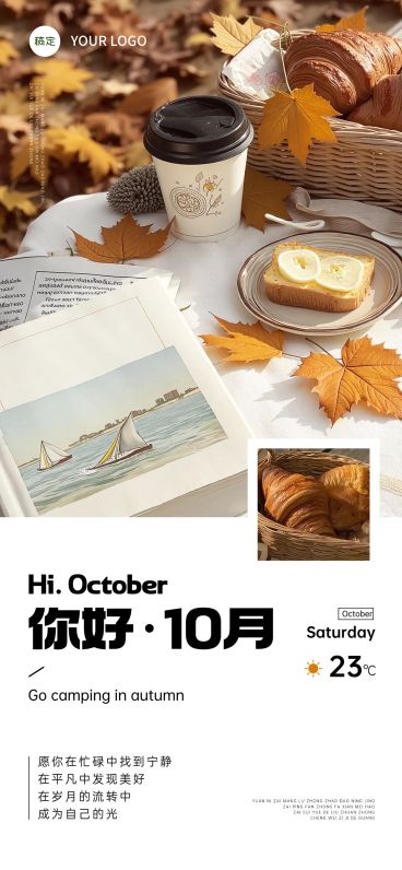 10月你好月初问候温馨感文艺感全屏竖版海报AIGC预览效果