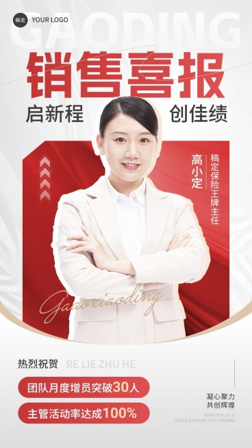 金融保险销售业绩表彰人物喜报喜庆风手机海报预览效果