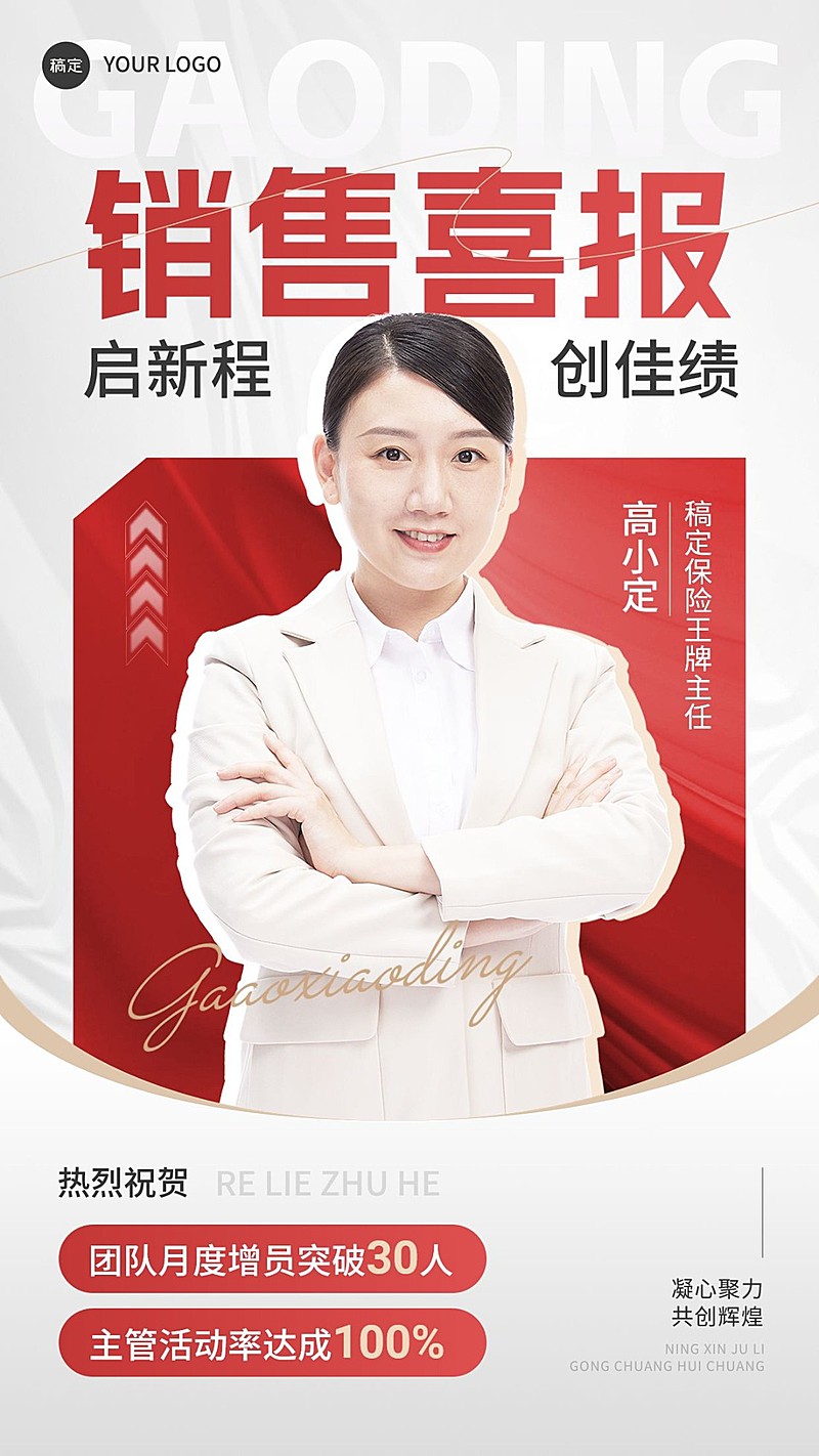 金融保险销售业绩表彰人物喜报喜庆风手机海报