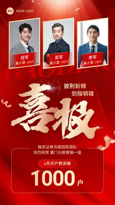 金融证券基金团队业绩表彰多人喜报喜庆风手机海报预览效果