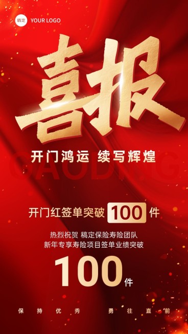 金融保险开门红销售业绩表彰喜报贺报红金大字手机海报预览效果