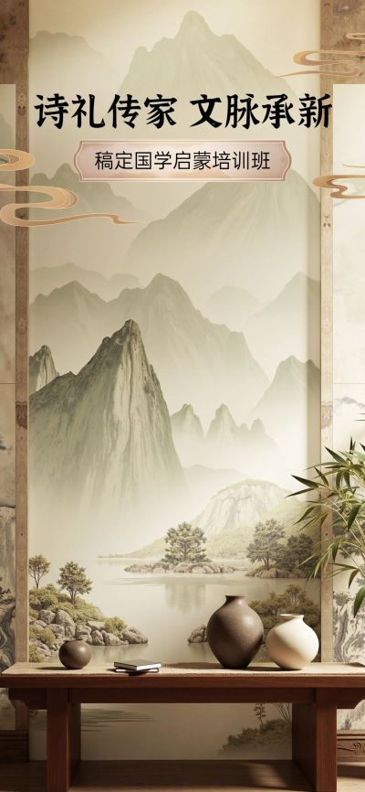 中式中国风屏风水墨教育课程直播间背景AIGC