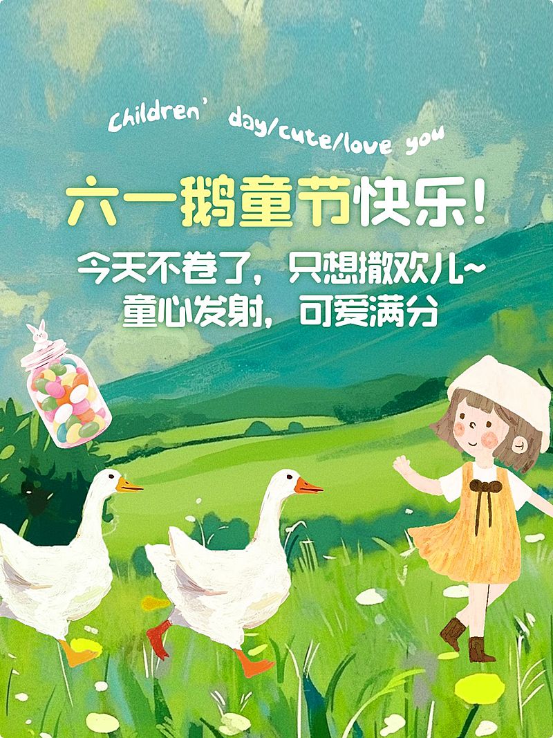 儿童节插画风大鹅小女孩节日祝福小红书封面aigc