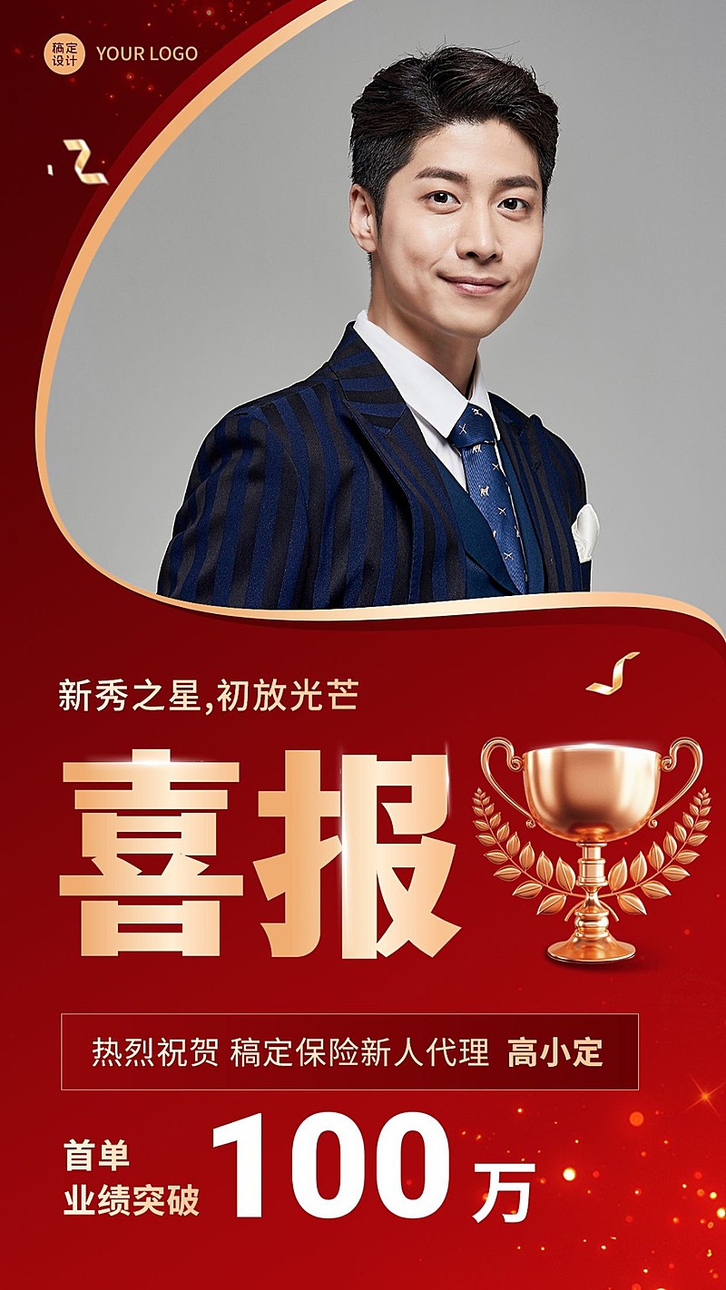 金融保险销售签单业绩表彰贺报喜报喜庆风人物手机海报