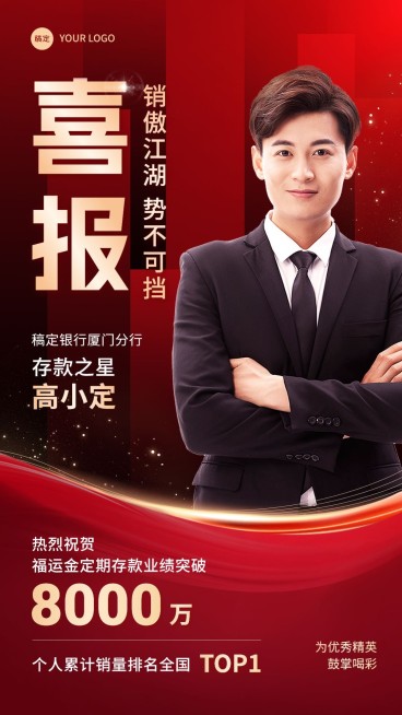 金融银行存款业绩表彰人物喜报喜庆风手机海报预览效果