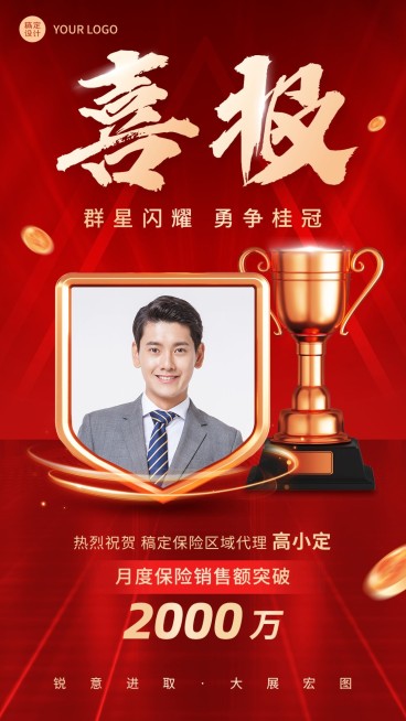 金融保险代理人销售业绩表彰喜报人物手机海报预览效果