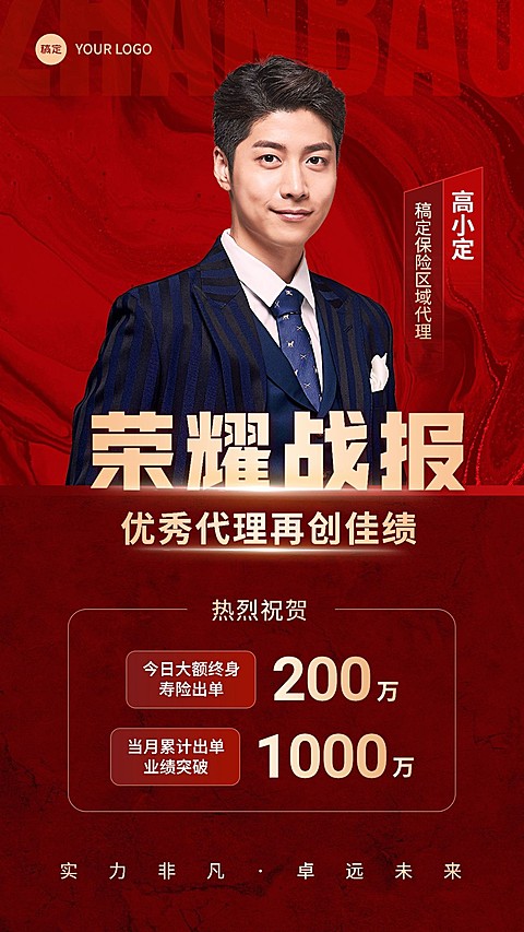 金融保险销售业绩表彰喜报人物喜庆风手机海报