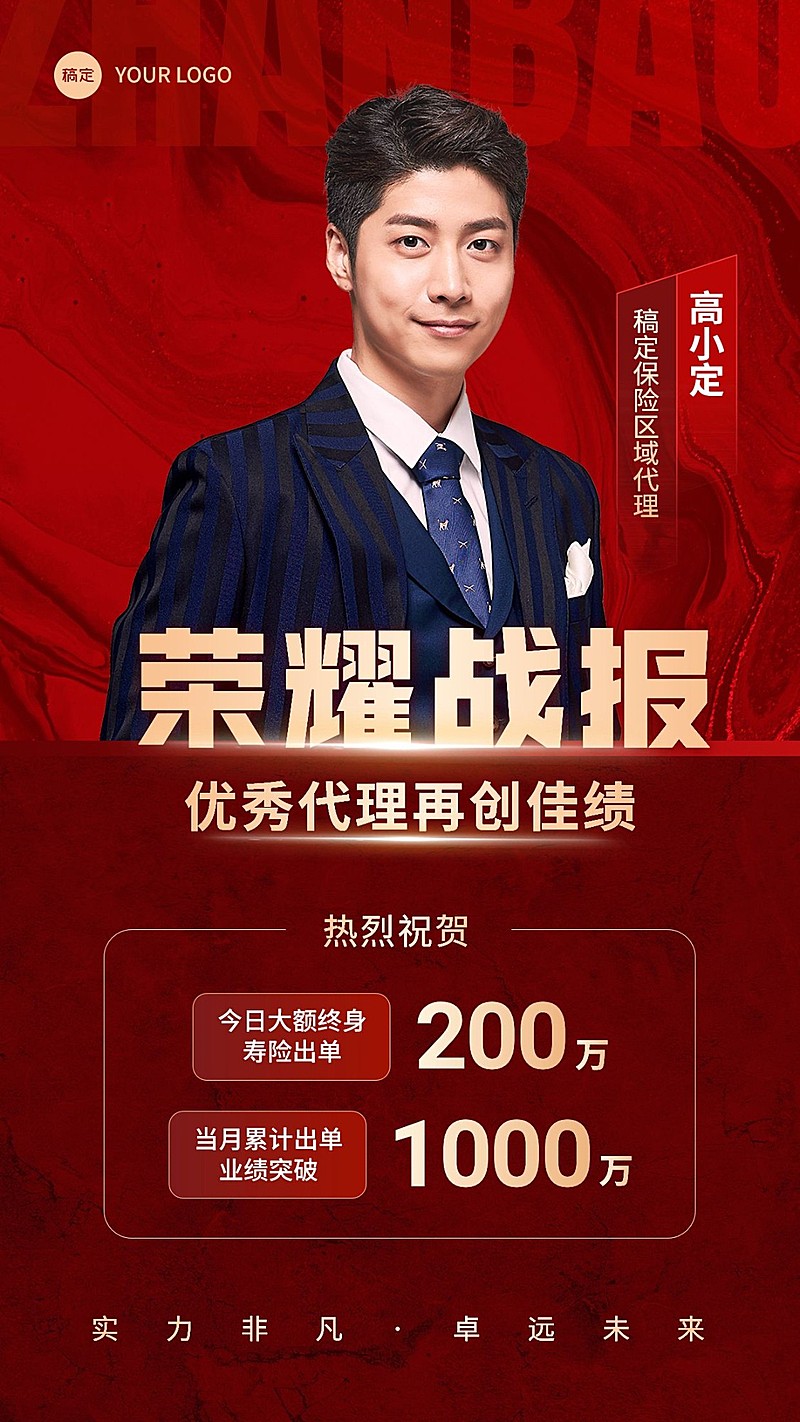 金融保险销售业绩表彰喜报人物喜庆风手机海报