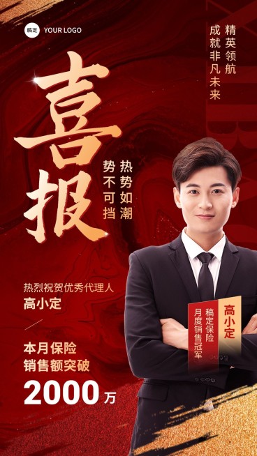 金融保险销售业绩表彰喜报贺报人物手机海报预览效果