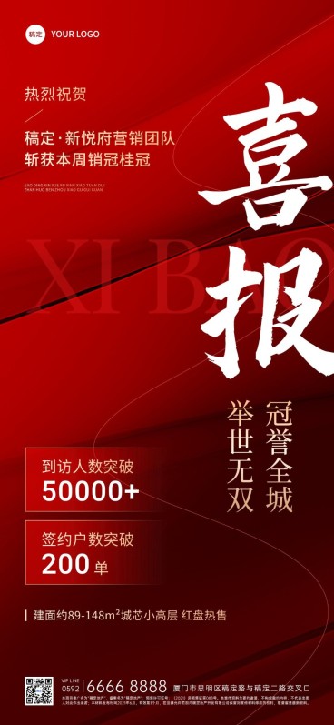 房地产销售中介加推业绩表彰喜报全屏竖版海报预览效果
