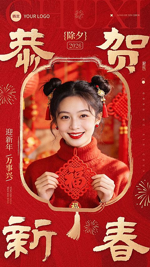 除夕春节晒图晒照节日祝福通用中式感竖版海报