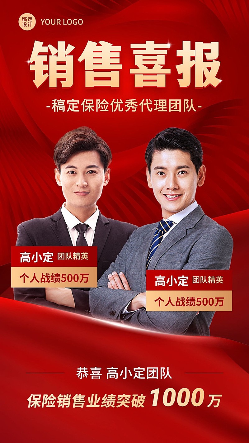 金融保险销售团队业绩表彰喜报多人喜庆风手机海报