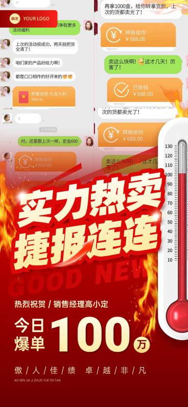 微商热销喜报战报销量温度计全屏海报AIGC预览效果