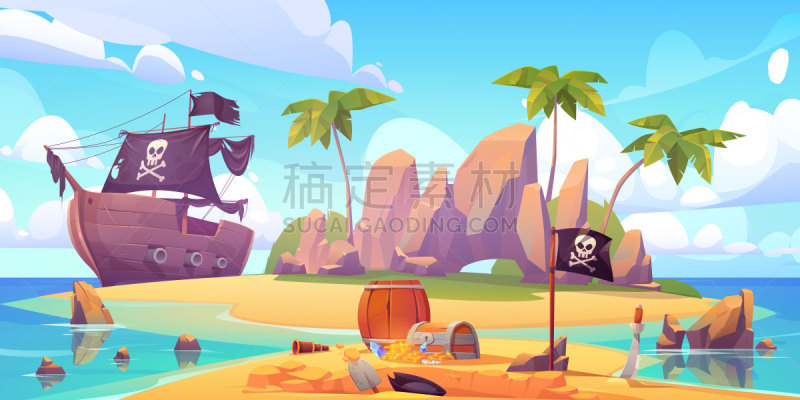 百宝箱,海盗,海滩,岛,休闲游戏,洞,骷髅图,热带气候,云,衣柜