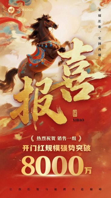 开门红金融保险马年业绩喜报全屏海报预览效果