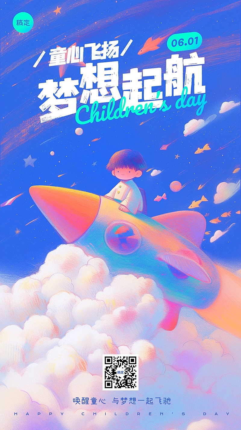 六一儿童节节日祝福插画AIGC手机海报