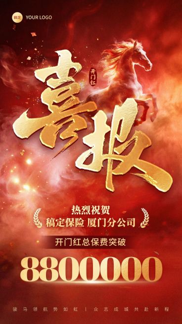 开门红金融保险马年业绩喜报手机海报预览效果