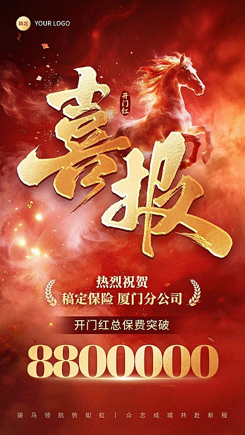 开门红金融保险马年业绩喜报手机海报