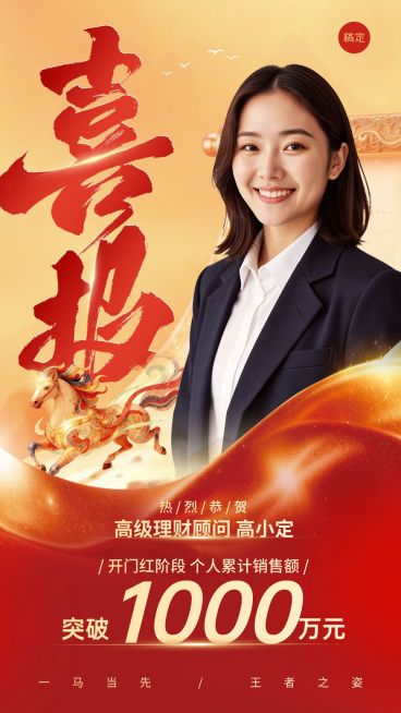 金融保险马年开门红个人业绩喜报竖版海报预览效果