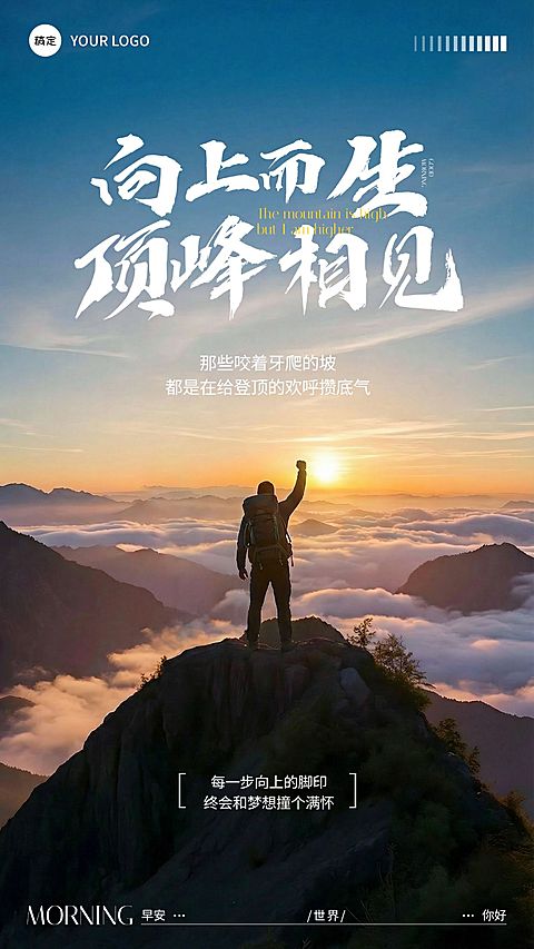 日签早安问候正能量语录登山手机海报