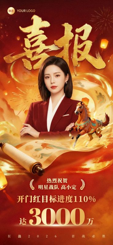 开门红金融保险马年人物业绩喜报全屏竖版海报预览效果