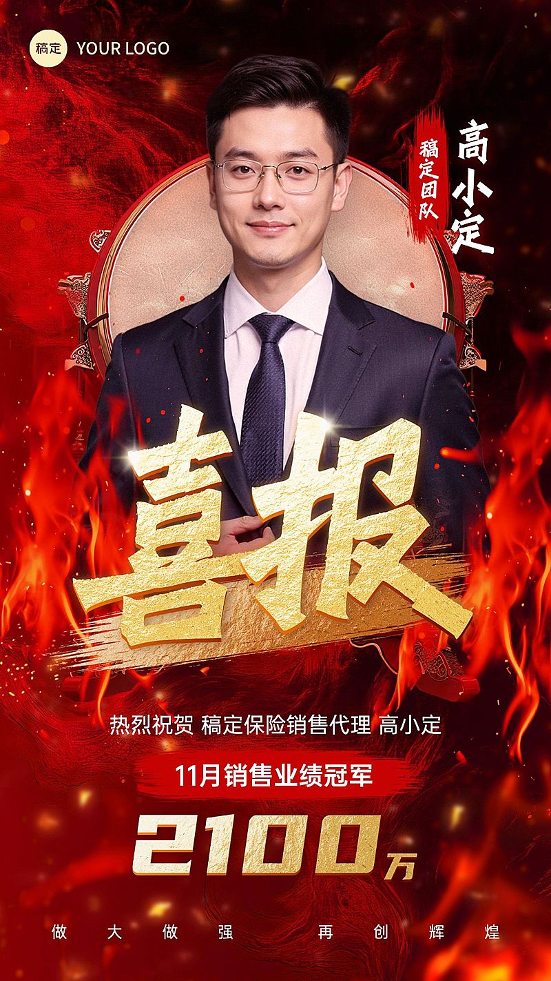 金融开门人物业绩喜报全屏竖版海报AIGC
