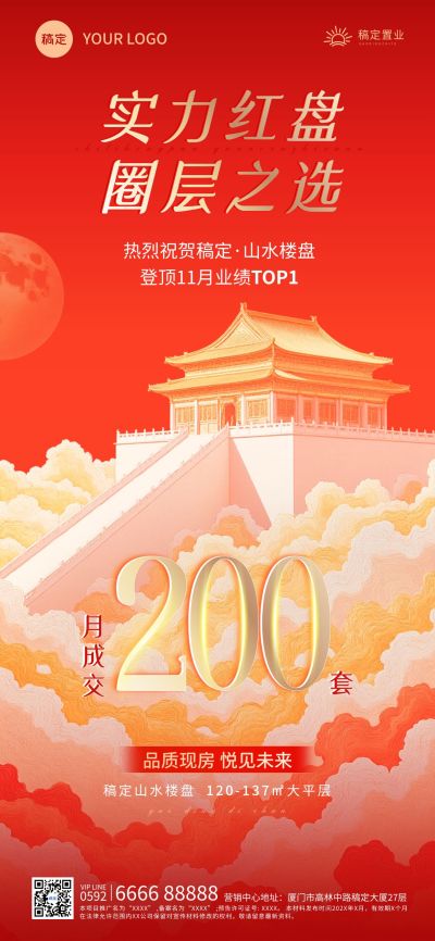 喜报战报地产楼盘中国风插画全屏海报aigc