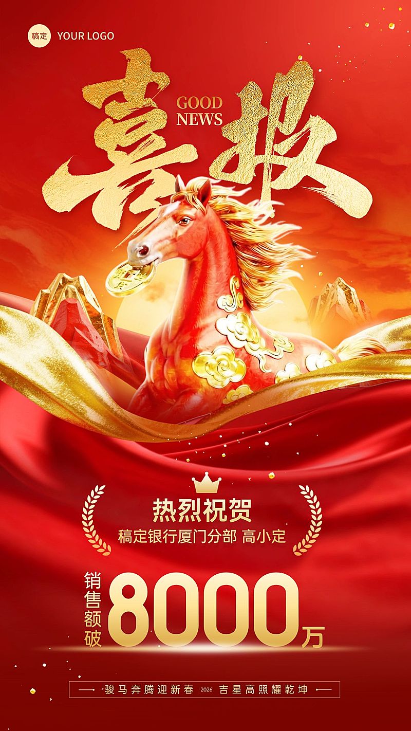 金融马年业绩喜报红金手机海报