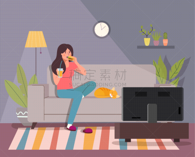矢量,沙发,女人,绘画插图,扁平化设计,看电视,暗色,果汁,拿着,住宅内部
