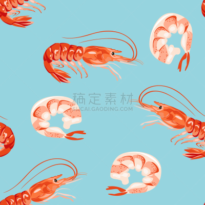 四方连续纹样,绘画插图,卡通,海产,矢量,虾,扁平化设计,极简构图,蓝色背景,菜单