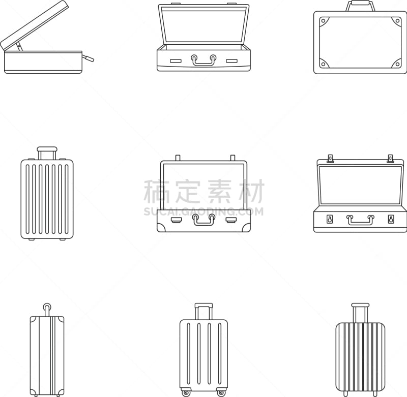 行李,轮廓,高雅,图标集,可爱的,旅途,数字9,商务,家庭,抵达