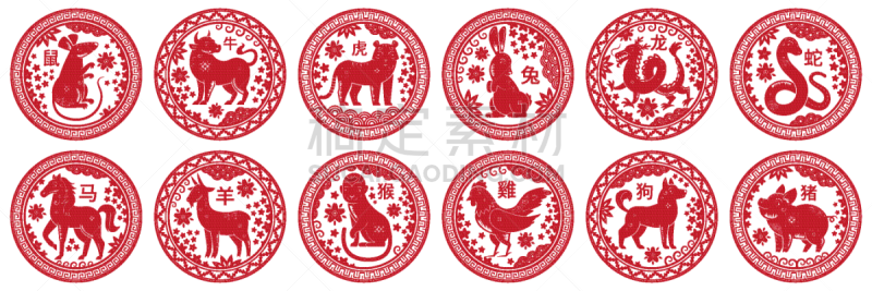 圆形,橡皮章,十二生肖,猴子,传统,蛇,狗,猪,山羊,动物
