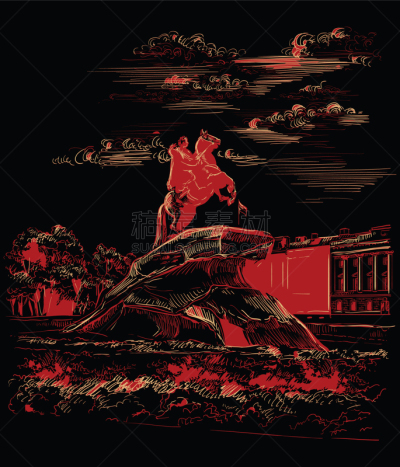 红色,黑色,绘画插图,圣彼得堡,三个物体,国际著名景点,青铜,著名景点,铅笔画,剪影