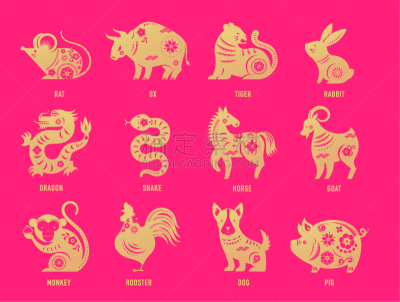 矢量,春节,绘画插图,符号,哑语,十二生肖,狗,猪,动物,中国