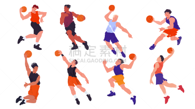 活力,绘画插图,卡通,篮球运动,篮球运动员,组物体,矢量,平坦的,分离着色,布置