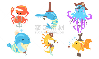 绘画插图,矢量,海盗,人的角色,海洋生命,舞台,触须,健康保健,手提箱,喷泉