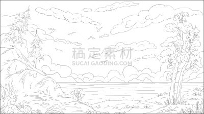 地形,彩色书,池塘,涂料,湖,植物,河流,背景,户外,绘画插图