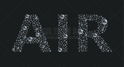 The word "AIR" from bubbles on black background. transparent text from bubbles splash. 3d vector realistic. air, droplet, underwater air, rain, condensate. Vector Illustration. EPS 10.