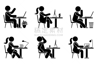 侧面视角,坐,矢量,办公室,标志,女性,图标集,男性,工作,坐