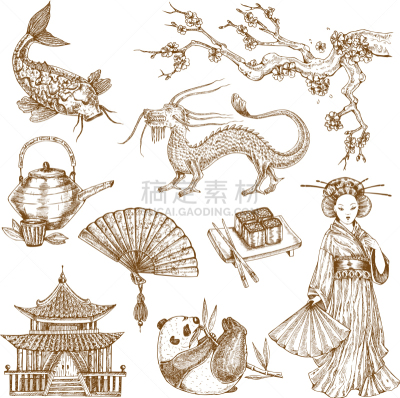 亚洲,举起手,筷子,和服,寿司,海产,食品,绘制,布置