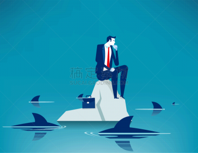 商务,鲨鱼,绘画插图,捕获的,概念,海洋,矢量,男人,与众不同,忧虑