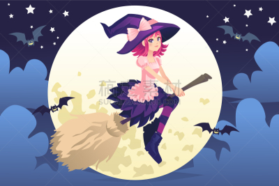 女巫,夜晚,幻想,女人,自然美,童话故事,矢量,飞