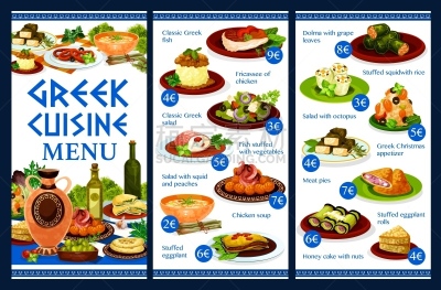 菜单,鱼类,海产,蔬菜,肉,菲塔乳酪,香料,蛋糕,米,希腊