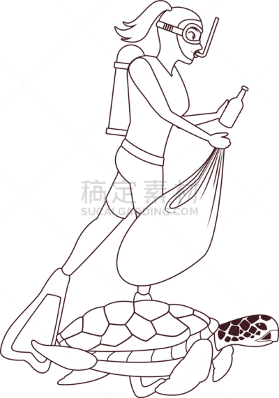 水肺潜水,头像,动画片,黑色,人,女人,水下,巨大的,垃圾,在下面