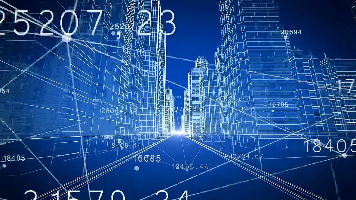 极速飞行通过现代城市数字三维蓝图与网络编号。奔向光明。建筑和技术概念。蓝色3D动画。  U  3840x2160。