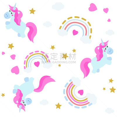 四方连续纹样,独角兽,彩虹,背景分离,家庭,纺织品,云,色彩鲜艳,柔和色,童话故事